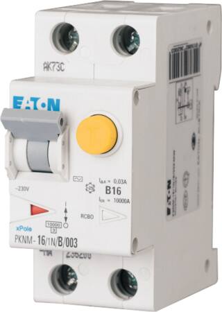 Eaton Xpole PKNM aardlekautomaat, 1P+N B-karakteristiek, AC, 230V, 10A, 0.03A, EN 10kA, 50Hz, 2 mod, IP20
