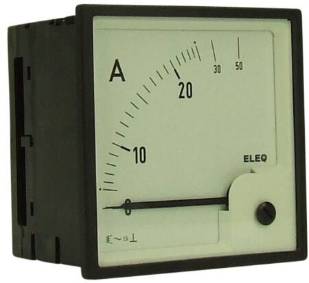 ELEQ amperemeter, inbouw 96x96mm, 50/5A, AC, weekijzer, overstroomschaal
